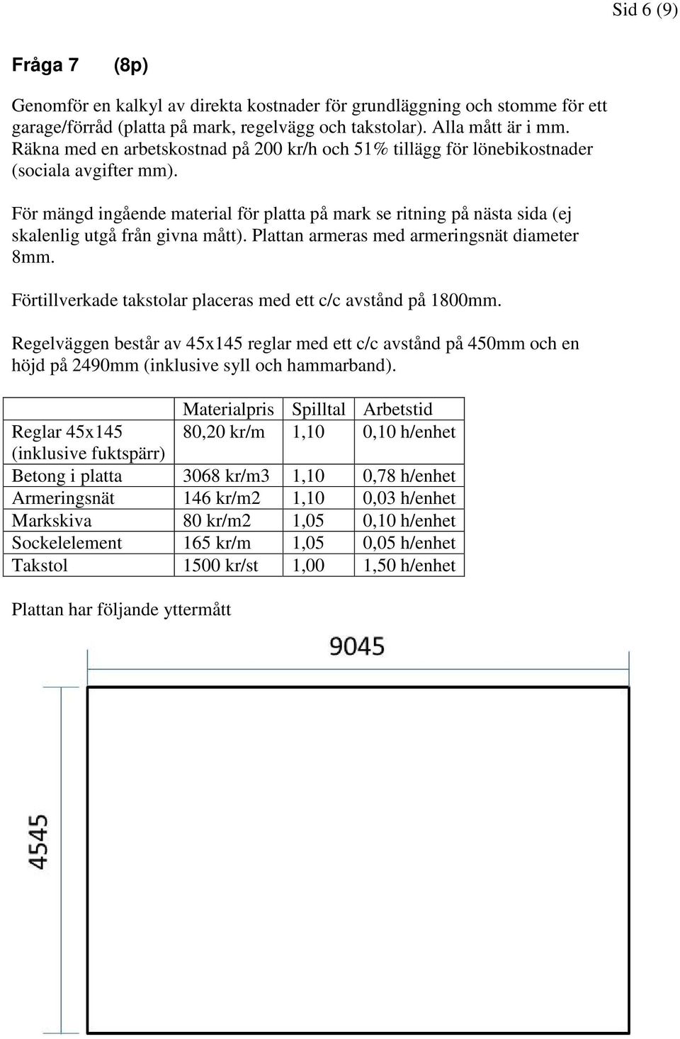 För mängd ingående material för platta på mark se ritning på nästa sida (ej skalenlig utgå från givna mått). Plattan armeras med armeringsnät diameter 8mm.