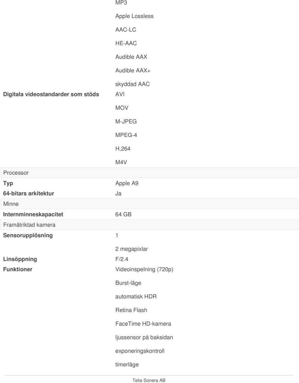 264 M4V Processor Typ Apple A9 64-bitars arkitektur Ja Minne Internminneskapacitet 64 GB Framåtriktad