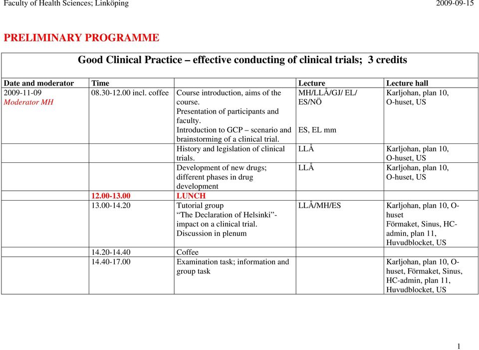 00-14.20 Tutorial group The Declaration of Helsinki - impact on a clinical trial. Discussion in plenum 14.20-14.40 Coffee 14.40-17.