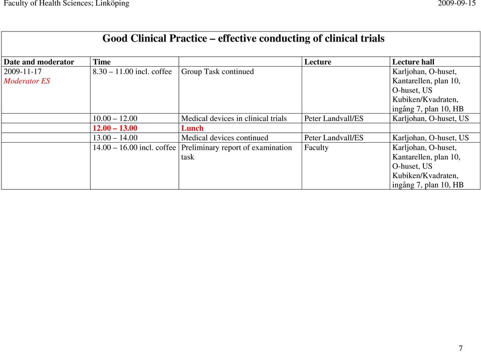 00 12.00 Medical devices in clinical trials Peter Landvall/ES Karljohan, 12.00 13.00 Lunch 13.00 14.