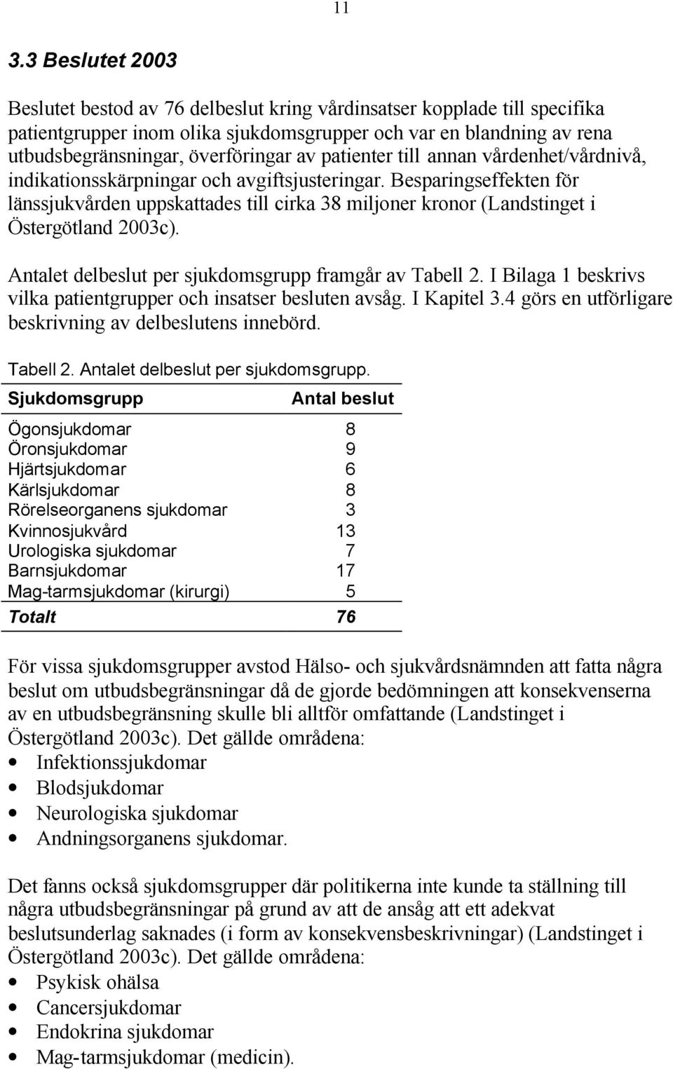 Besparingseffekten för länssjukvården uppskattades till cirka 38 miljoner kronor (Landstinget i Östergötland 2003c). Antalet delbeslut per sjukdomsgrupp framgår av Tabell 2.