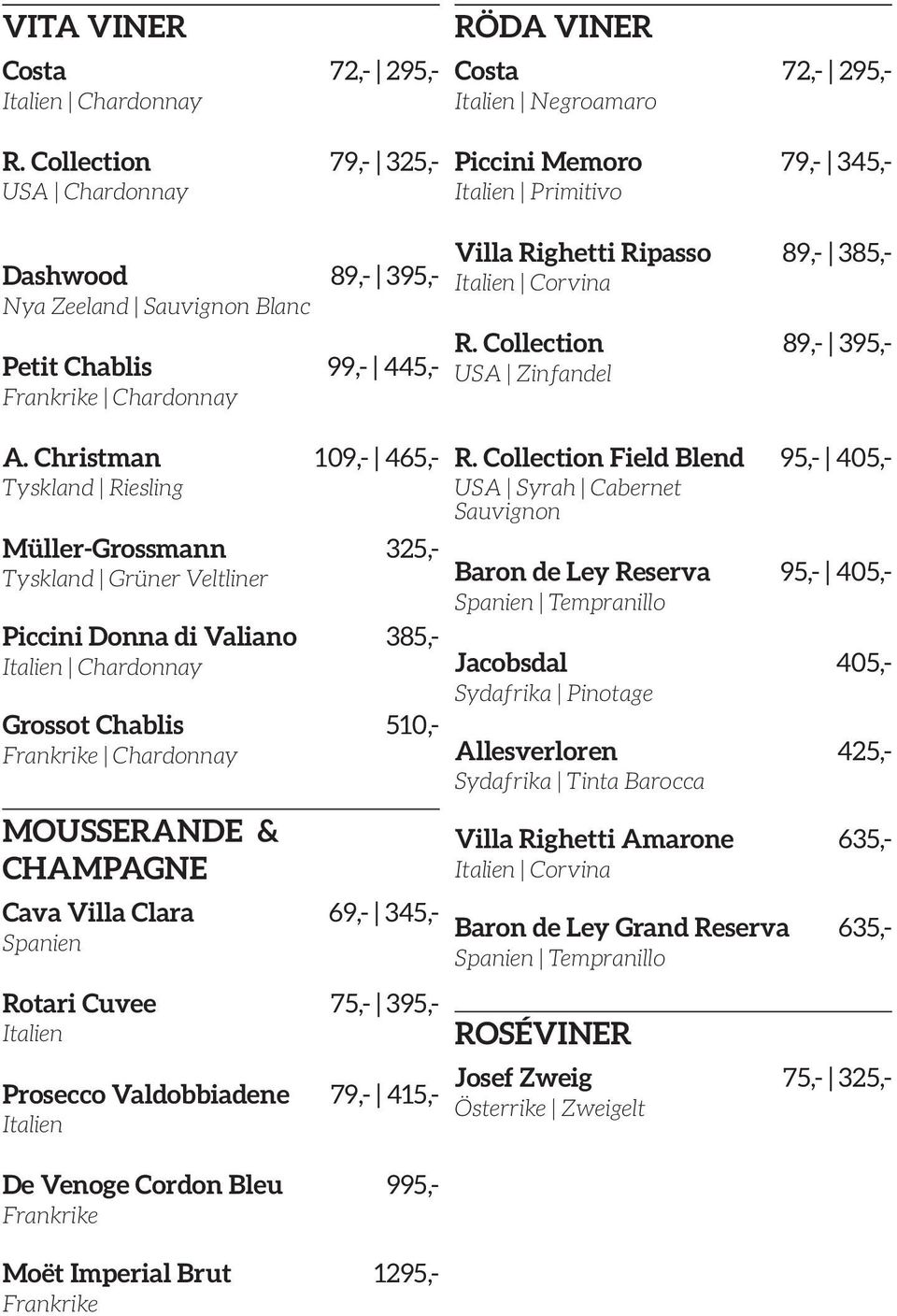 CHAMPAGNE Cava Villa Clara 69,- 345,- Spanien Rotari Cuvee 75,- 395,- Italien Prosecco Valdobbiadene 79,- 415,- Italien De Venoge Cordon Bleu 995,- Frankrike Moët Imperial Brut 1295,- Frankrike RÖDA