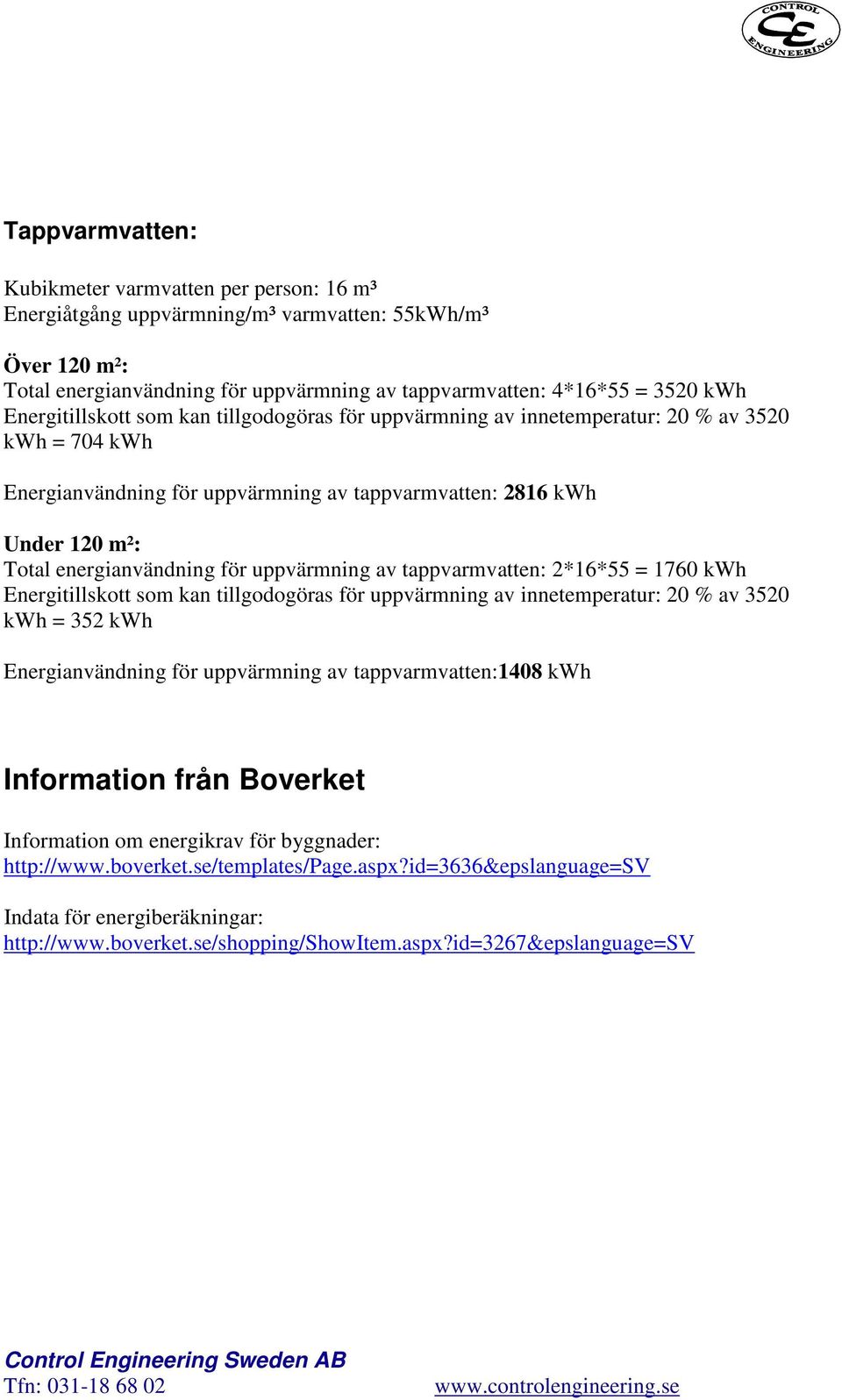 för uppvärmning av tappvarmvatten: 2*16*55 = 1760 kwh Energitillskott som kan tillgodogöras för uppvärmning av innetemperatur: 20 % av 3520 kwh = 352 kwh Energianvändning för uppvärmning av
