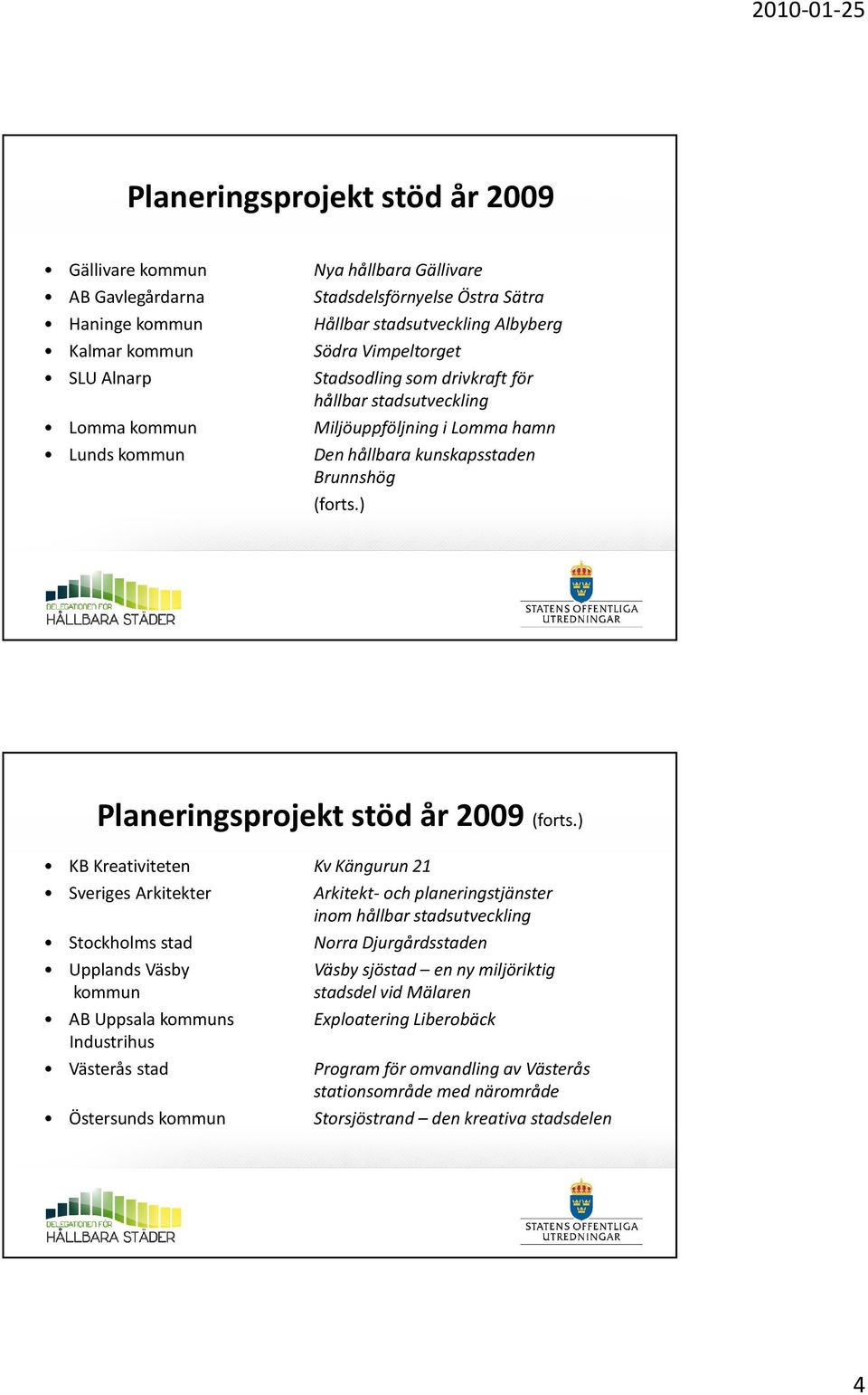 ) Planeringsprojekt stöd år 2009 (forts.