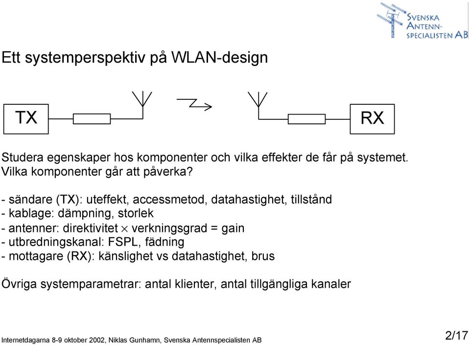 - sändare (TX): uteffekt, accessmetod, datahastighet, tillstånd - kablage: dämpning, storlek - antenner: