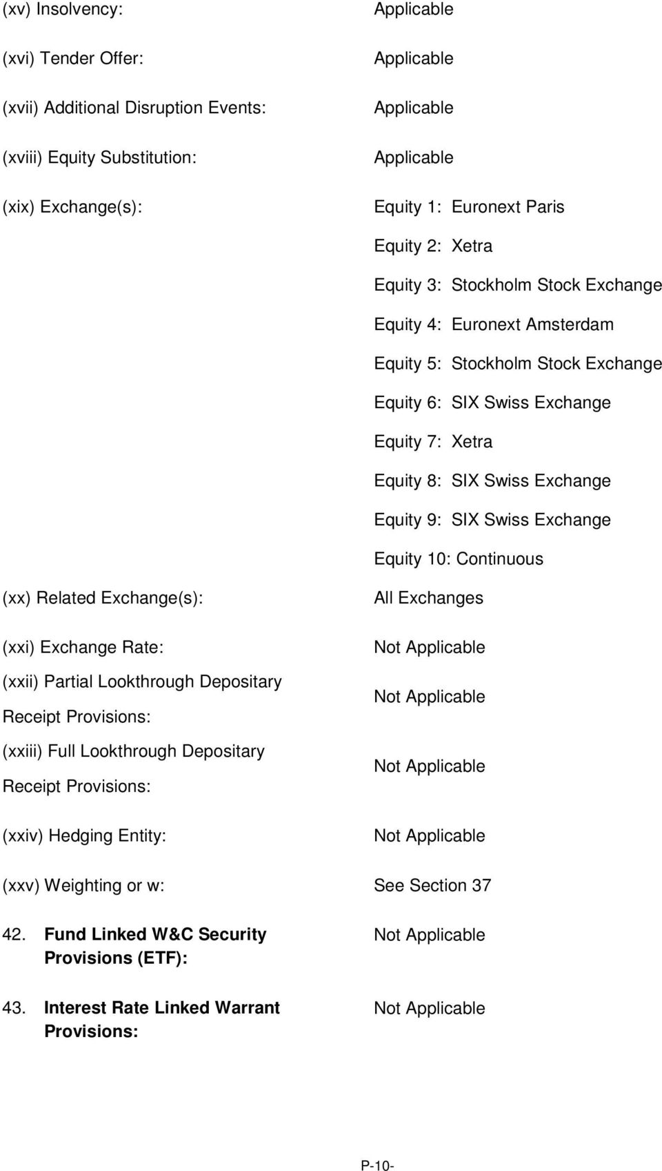 Equity 9: SIX Swiss Exchange Equity 10: Continuous (xx) Related Exchange(s): (xxi) Exchange Rate: (xxii) Partial Lookthrough Depositary Receipt Provisions: (xxiii) Full Lookthrough