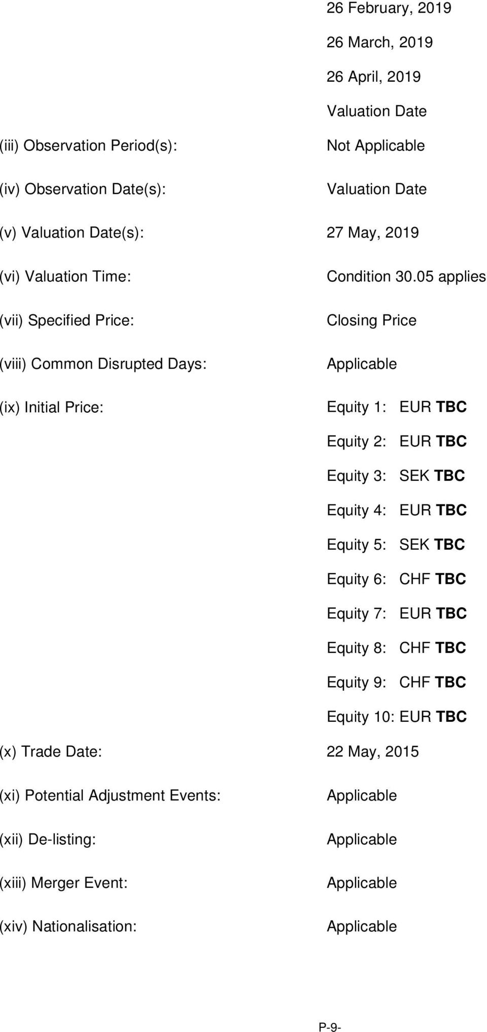 05 applies Closing Price Applicable Equity 1: EUR TBC Equity 2: EUR TBC Equity 3: SEK TBC Equity 4: EUR TBC Equity 5: SEK TBC Equity 6: CHF TBC Equity 7: EUR TBC