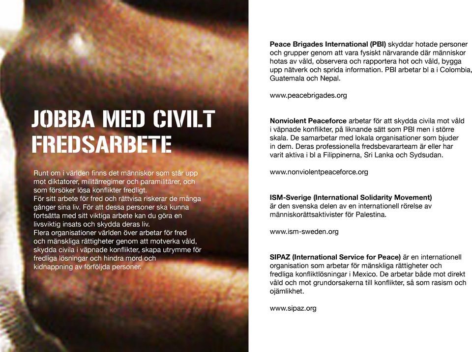 org Nonviolent Peaceforce arbetar för att skydda civila mot våld i väpnade konflikter, på liknande sätt som PBI men i större skala. De samarbetar med lokala organisationer som bjuder in dem.