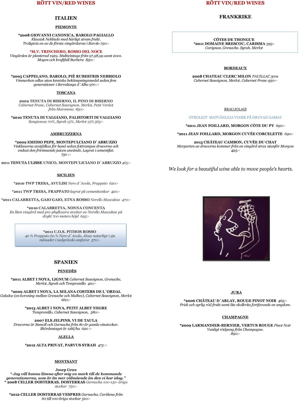 Mogen och kraftfull Barbera 850:- CÔTES DE THONGUE *2011 DOMAINE BRESCOU, CARISMA 395:- Carignan, Grenache. Syrah.