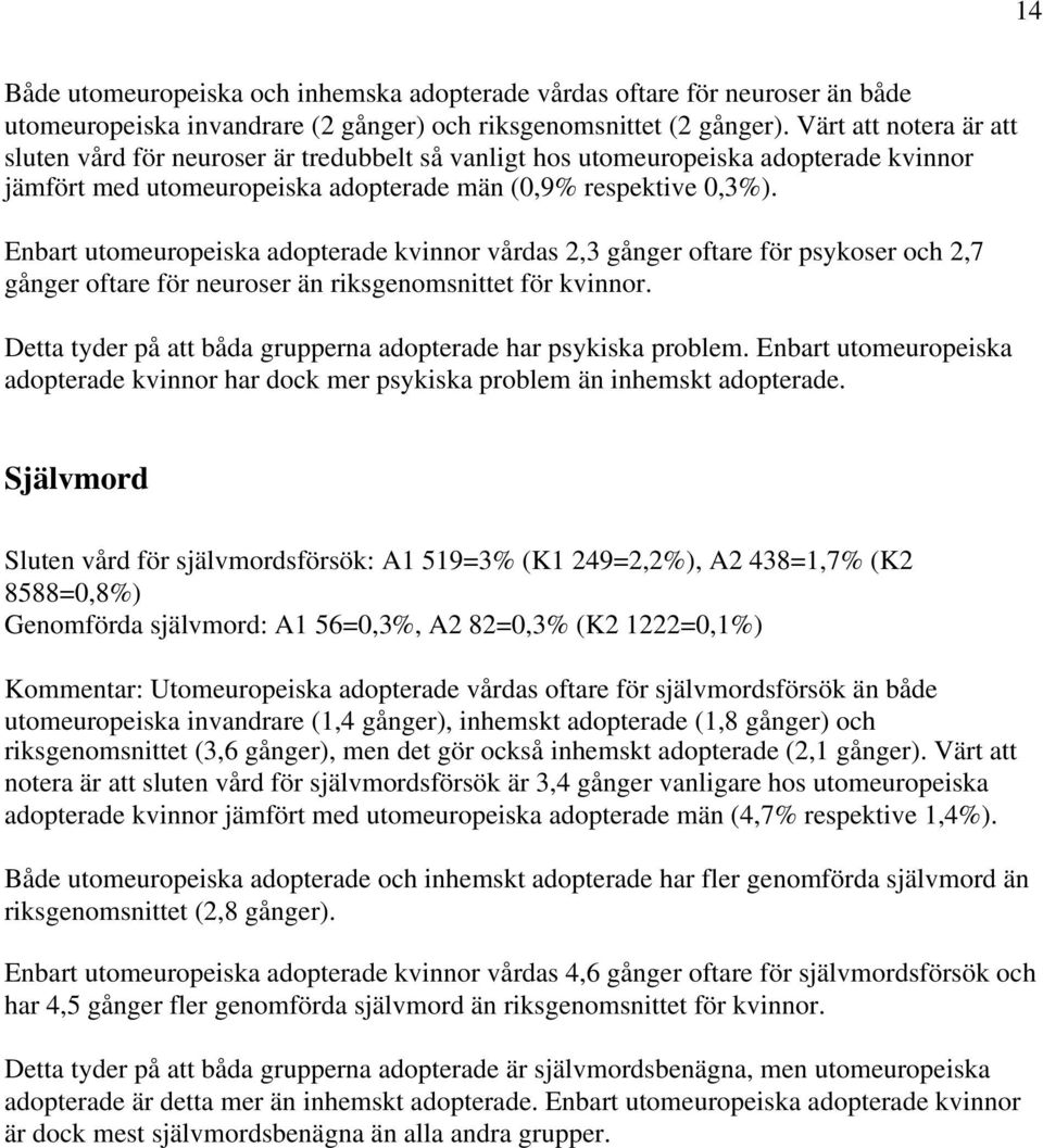 Enbart utomeuropeiska adopterade kvinnor vårdas 2,3 gånger oftare för psykoser och 2,7 gånger oftare för neuroser än riksgenomsnittet för kvinnor.