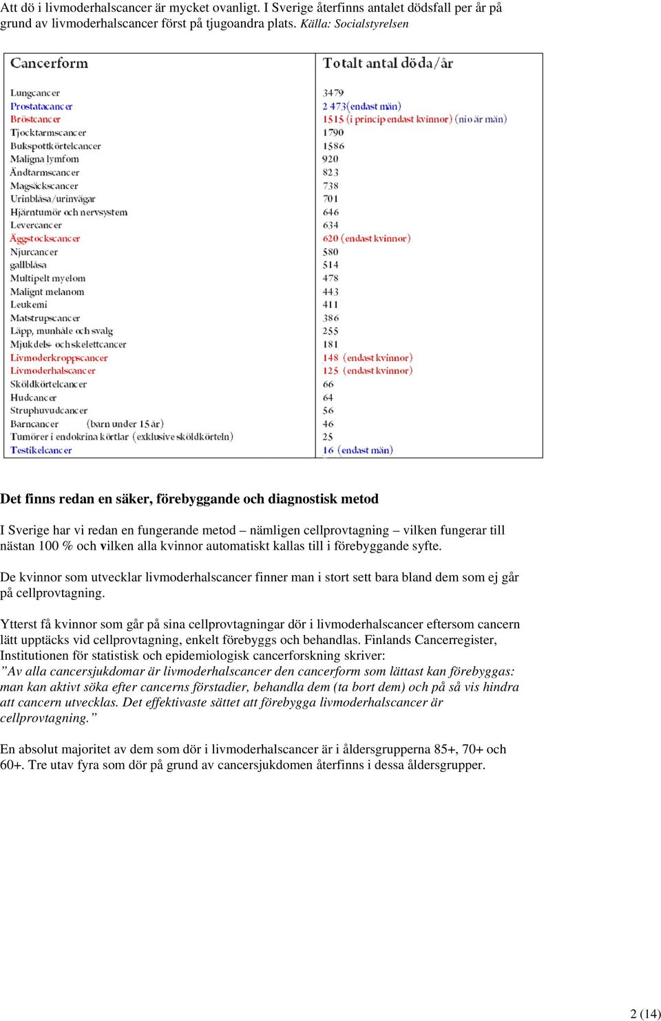 alla kvinnor automatiskt kallas till i förebyggande syfte. De kvinnor som utvecklar livmoderhalscancer finner man i stort sett bara bland dem som ej går på cellprovtagning.