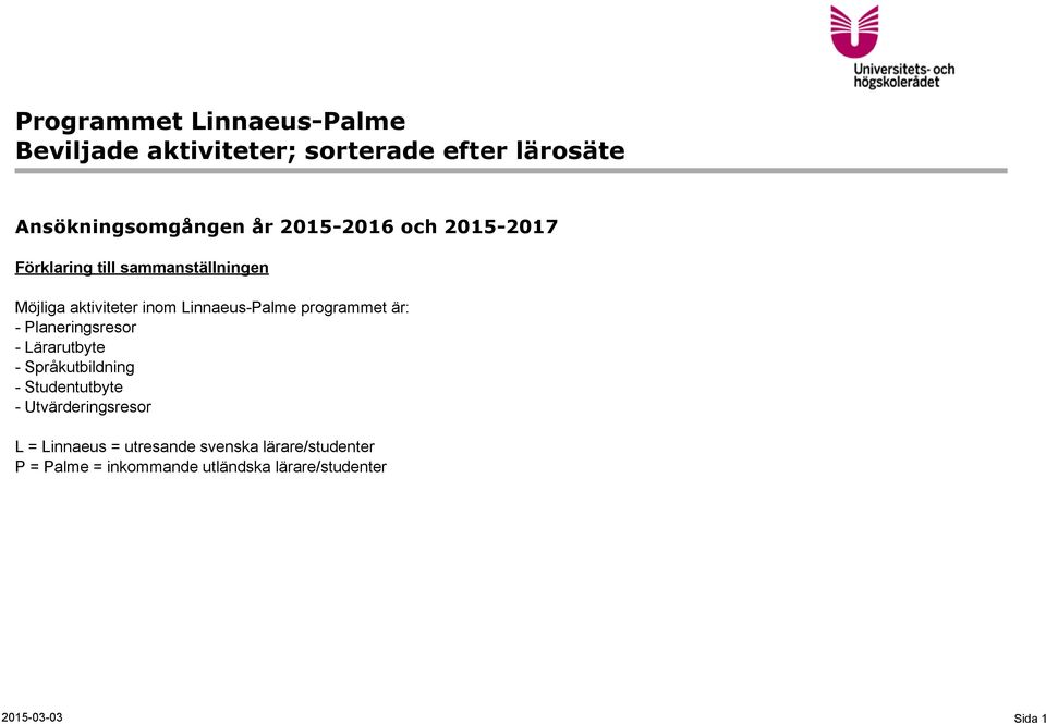 Lärarutbyte - Språkutbildning - Studentutbyte - Utvärderingsresor L = Linnaeus =