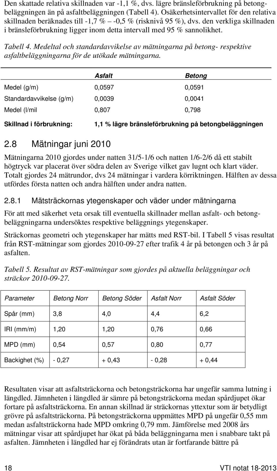 Tabell 4. Medeltal och standardavvikelse av mätningarna på betong- respektive asfaltbeläggningarna för de utökade mätningarna.