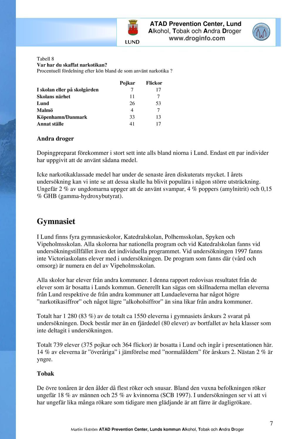 bland niorna i Lund. Endast ett par individer har uppgivit att de använt sådana medel. Icke narkotikaklassade medel har under de senaste åren diskuterats mycket.