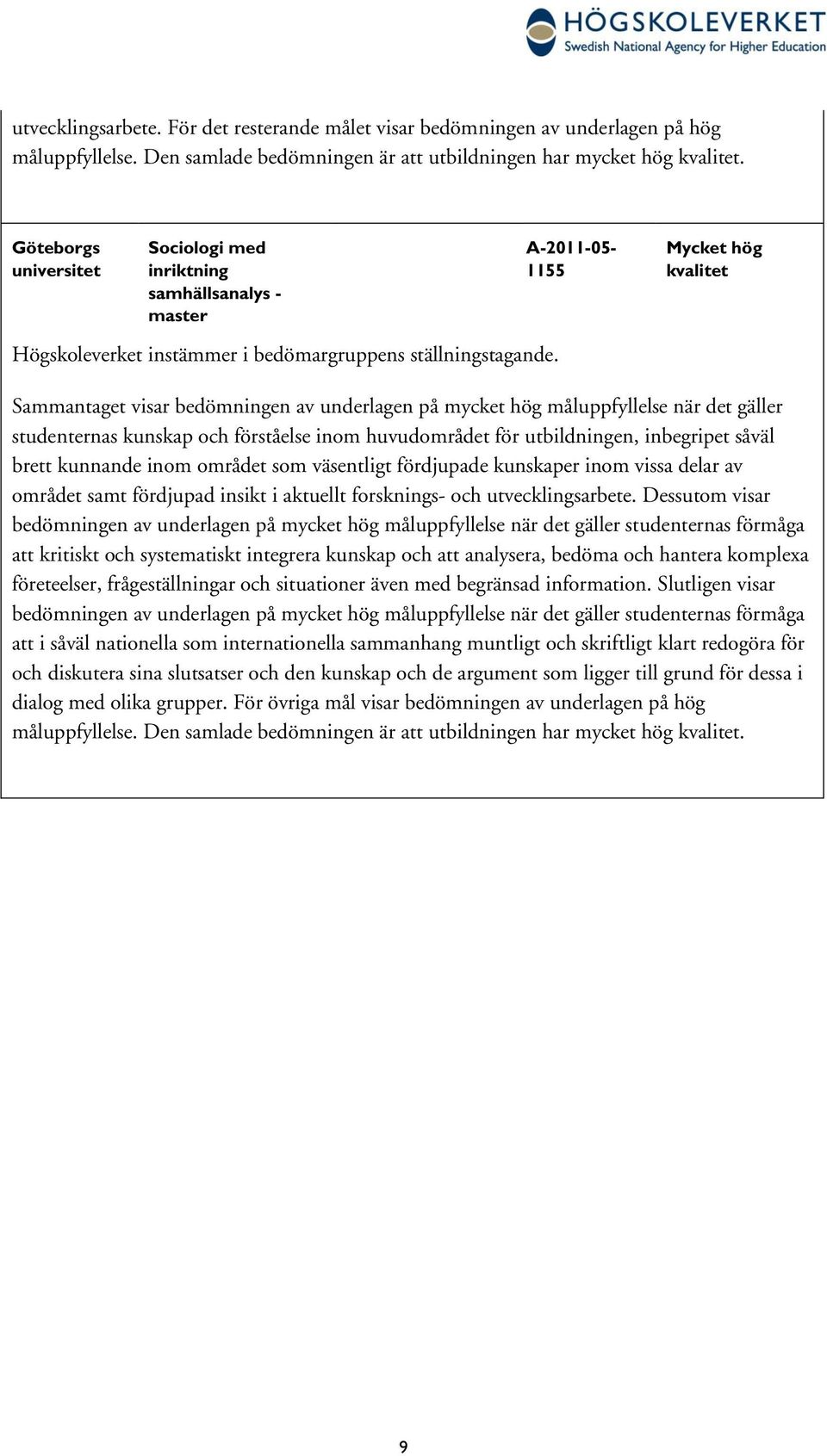 A-2011-05- 1155 Mycket hög kvalitet Sammantaget visar bedömningen av underlagen på mycket hög måluppfyllelse när det gäller studenternas kunskap och förståelse huvudområdet för utbildningen,