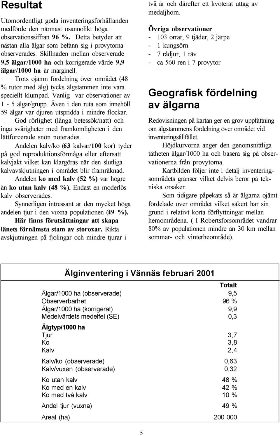 Trots ojämn fördelning över området (48 % rutor med älg) tycks älgstammen inte vara speciellt klumpad. Vanlig var observationer av 1-5 älgar/grupp.