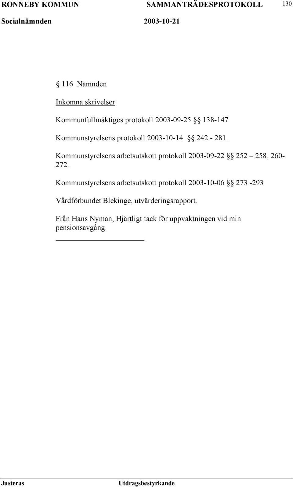 Kommunstyrelsens arbetsutskott protokoll 2003-09-22 252 258, 260-272.