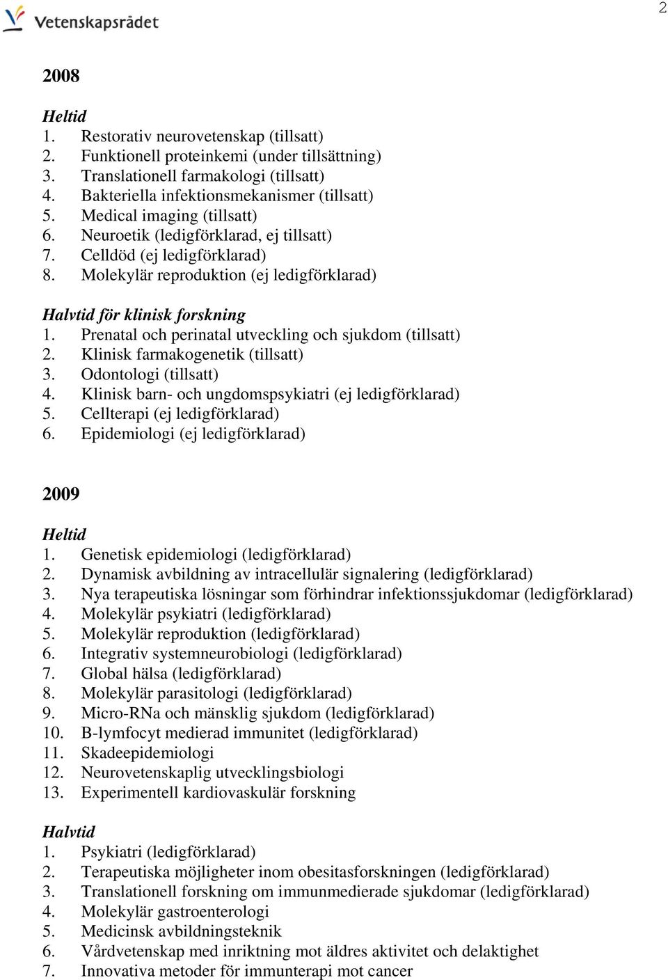 Prenatal och perinatal utveckling och sjukdom (tillsatt) 2. Klinisk farmakogenetik (tillsatt) 3. Odontologi (tillsatt) 4. Klinisk barn- och ungdomspsykiatri (ej ledigförklarad) 5.