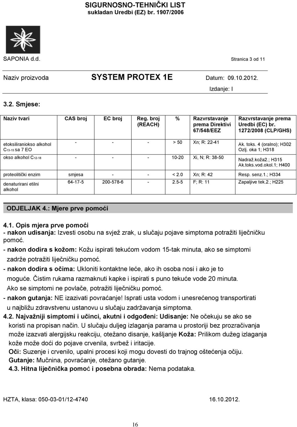 1272/2008 (CLP/GHS) etoksiliraniokso alkohol C13-15 sa 7 EO - - - > 50 Xn; R: 22-41 okso alkohol C12-18 - - - 10-20 Xi, N; R: 38-50 Ak. toks. 4 (oralno); H302 Ozlj. oka 1; H318 Nadraž.koža2.; H315 Ak.