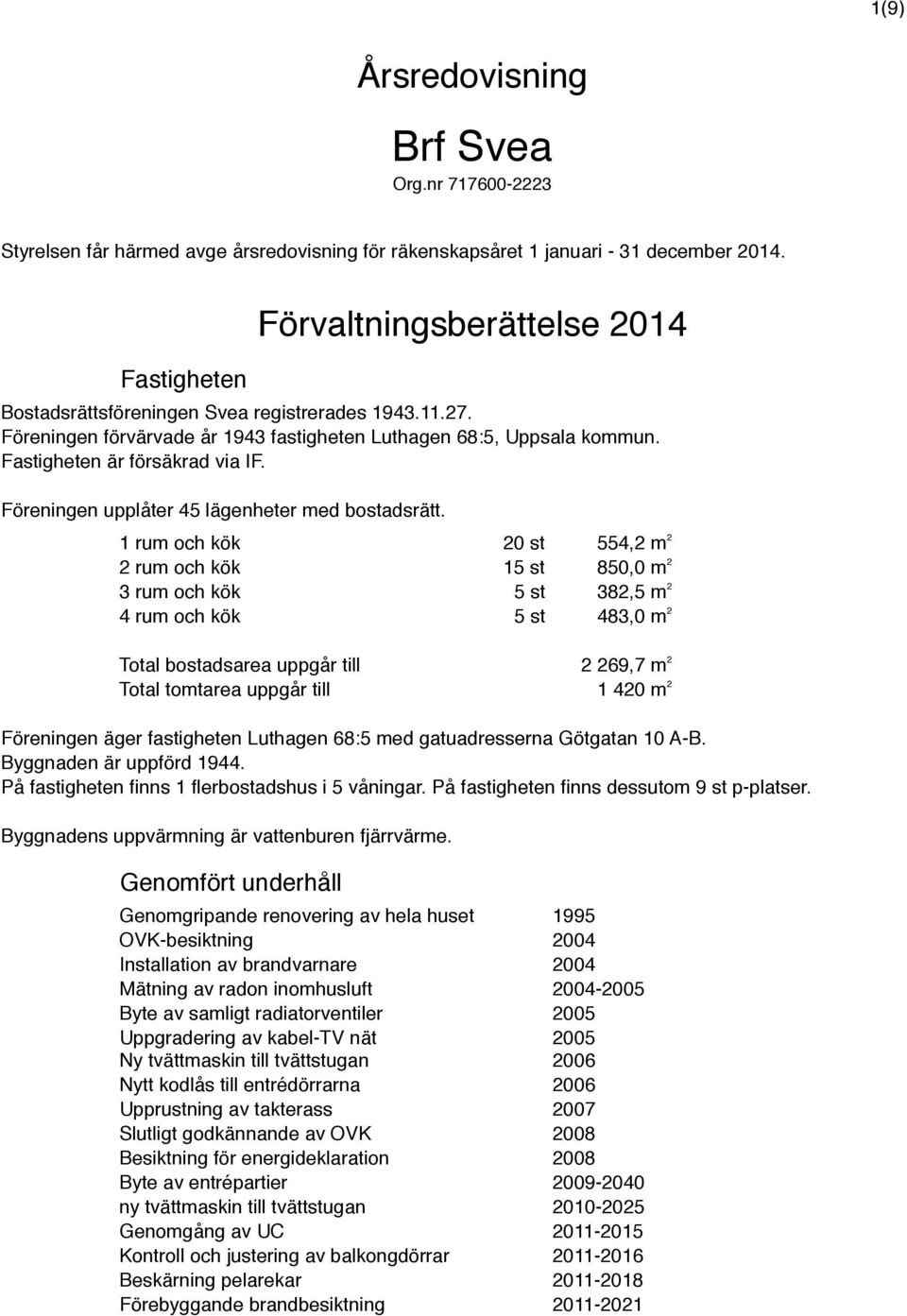 Föreningen upplåter 45 lägenheter med bostadsrätt.