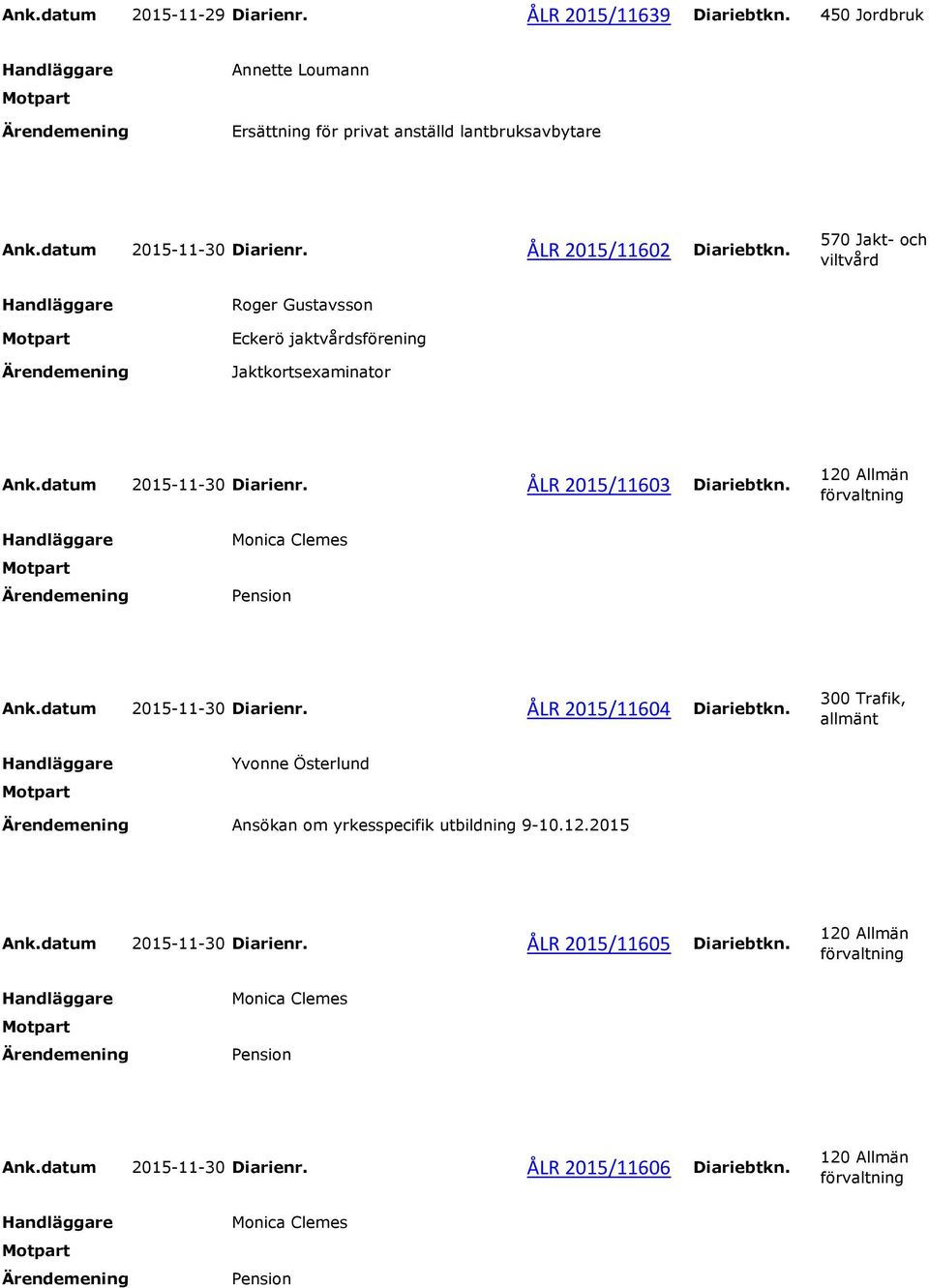 datum 2015-11-30 Diarienr. ÅLR 2015/11603 Diariebtkn. Monica Clemes Pension Ank.datum 2015-11-30 Diarienr. ÅLR 2015/11604 Diariebtkn.