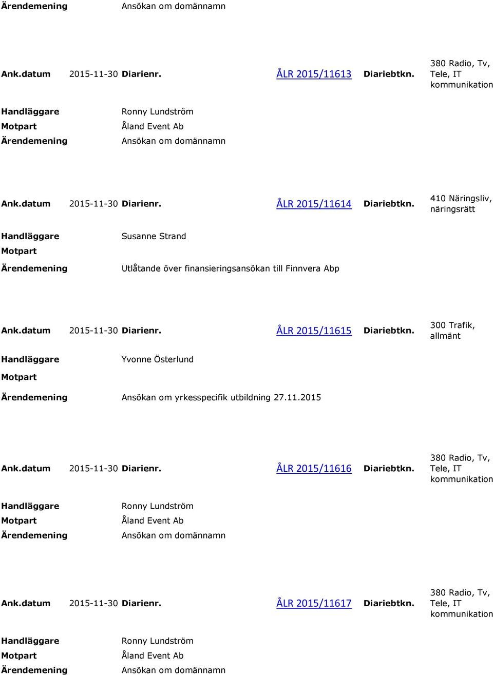 datum 2015-11-30 Diarienr. ÅLR 2015/11615 Diariebtkn. Ansökan om yrkesspecifik utbildning 27.11.2015 Ank.