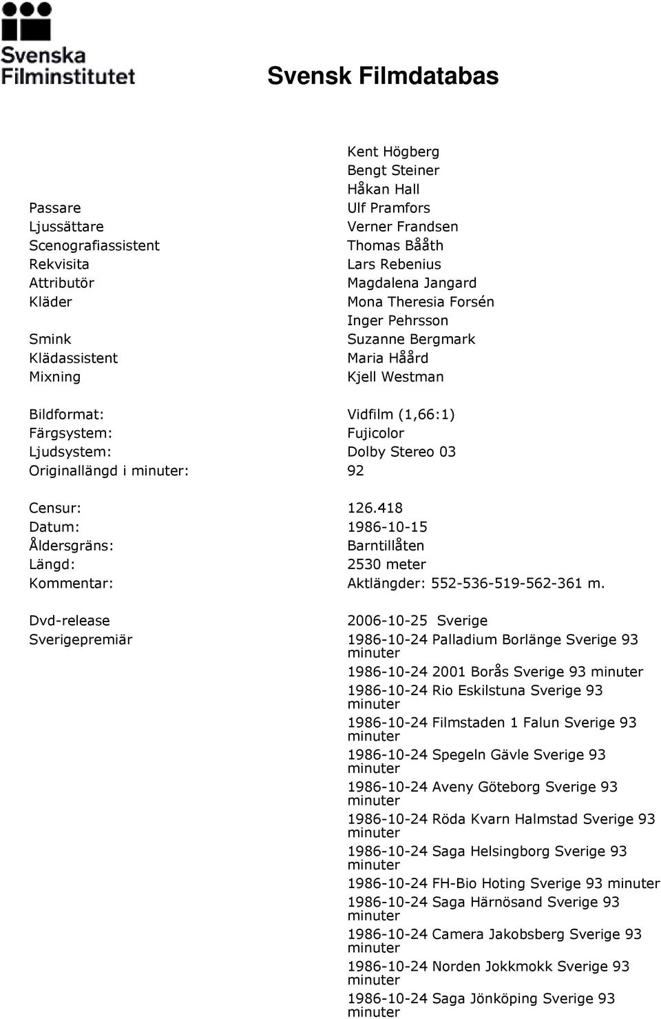418 Datum: 1986-10-15 Åldersgräns: Barntillåten Längd: 2530 meter Kommentar: Aktlängder: 552-536-519-562-361 m.