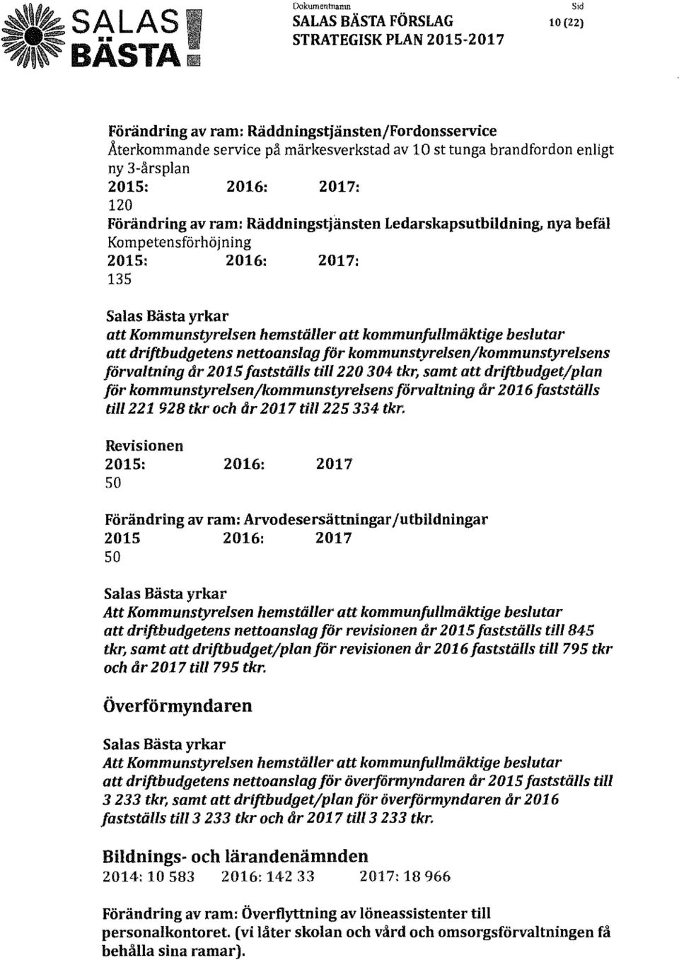 Ledarskapsutbildning, nya befäl Kompetensförhöjning 135 Salas Bästa yrkar att Kommunstyrelsen hemställer att kommunf'.