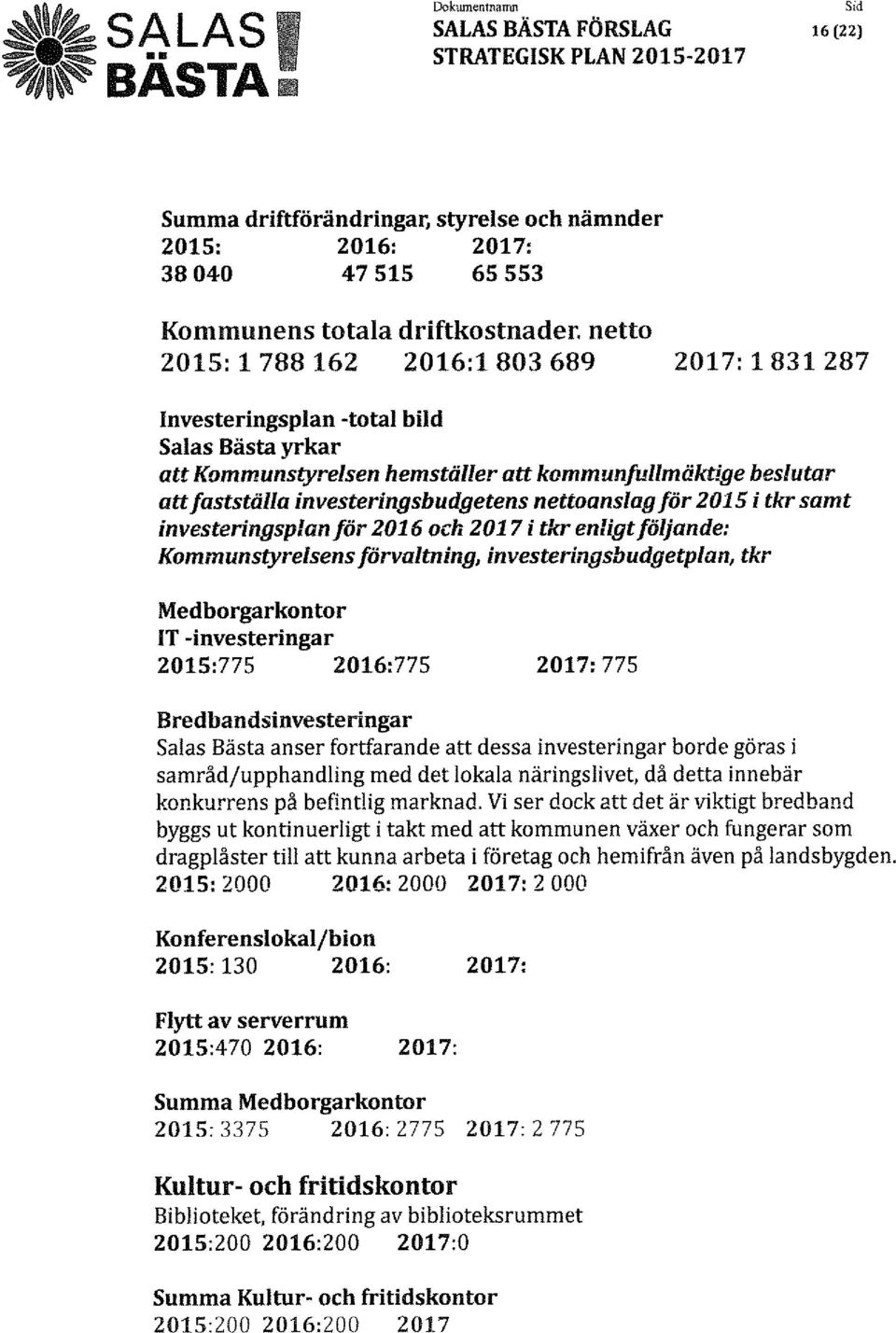 nettoanslag för 2015 i tkr samt investeringsplan för 2016 och 2017 i tkr enligt följande: Kommunstyrelsens förvaltning, investeringsbudgetplan, tkr Medborgarkontor IT -investeringar 2015:775 2016:775