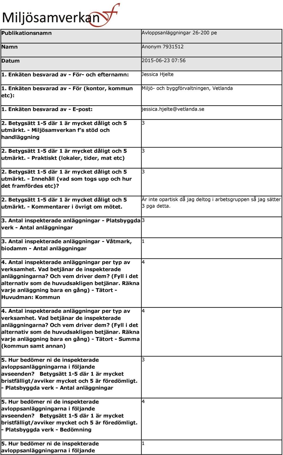 - Miljösamverkan f s stöd och handläggning utmärkt. - Praktiskt (lokaler, tider, mat etc) utmärkt. - Innehåll (vad som togs upp och hur det framfördes etc)? utmärkt. - Kommentarer i övrigt om mötet.