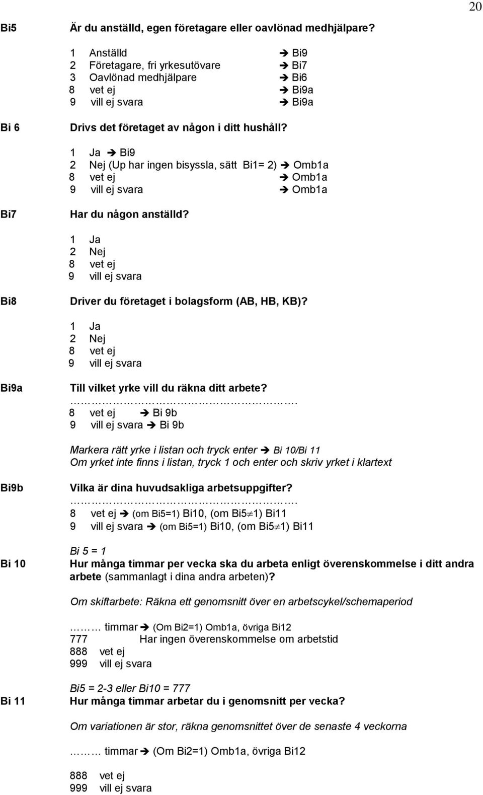 Bi9 2 Nej (Up har ingen bisyssla, sätt Bi1= 2) Omb1a Omb1a Omb1a Bi7 Har du någon anställd? 2 Nej Bi8 Driver du företaget i bolagsform (AB, HB, KB)?