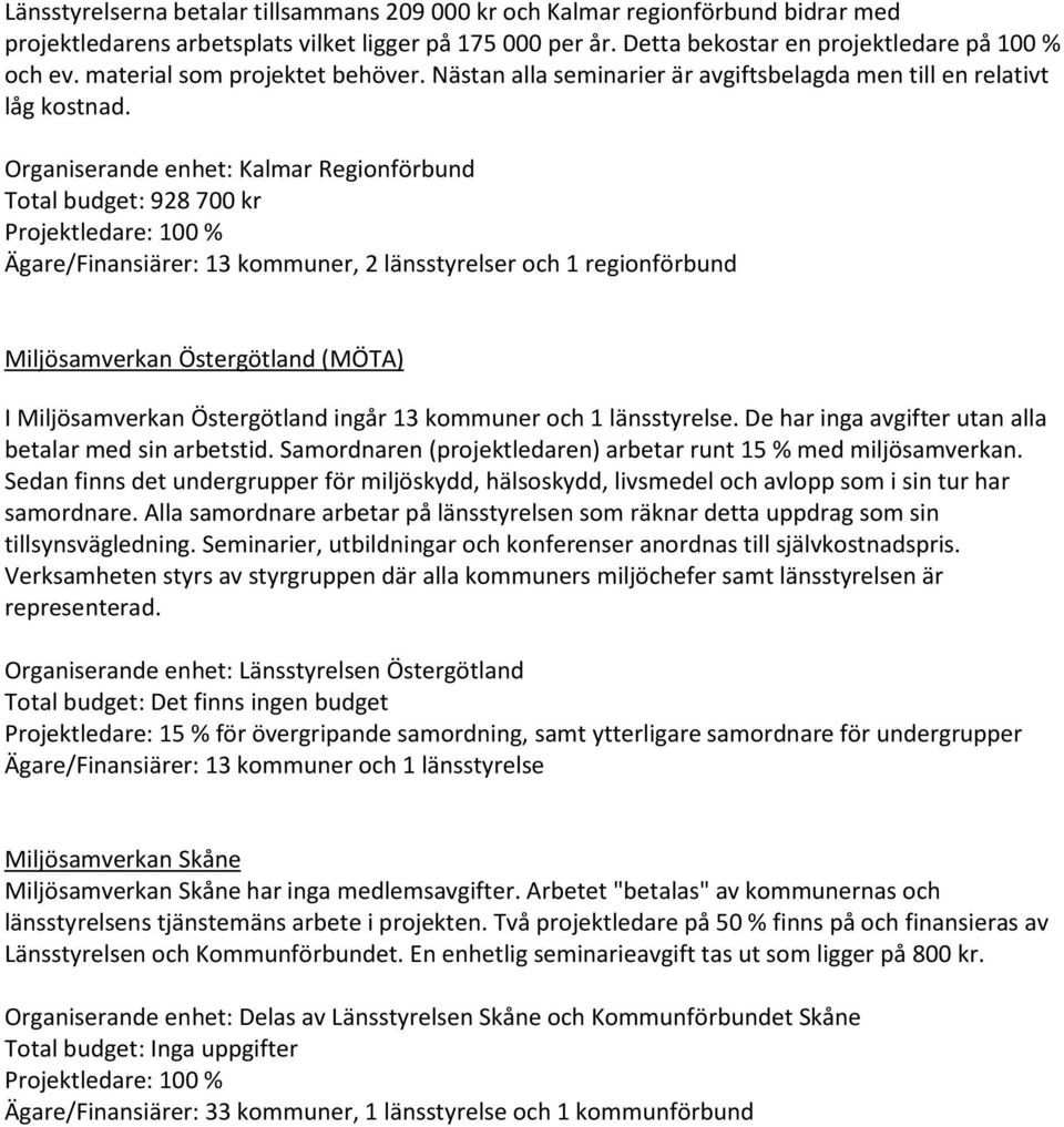 Organiserande enhet: Kalmar Regionförbund Total budget: 928 700 kr Ägare/Finansiärer: 13 kommuner, 2 länsstyrelser och 1 regionförbund Miljösamverkan Östergötland (MÖTA) I Miljösamverkan Östergötland