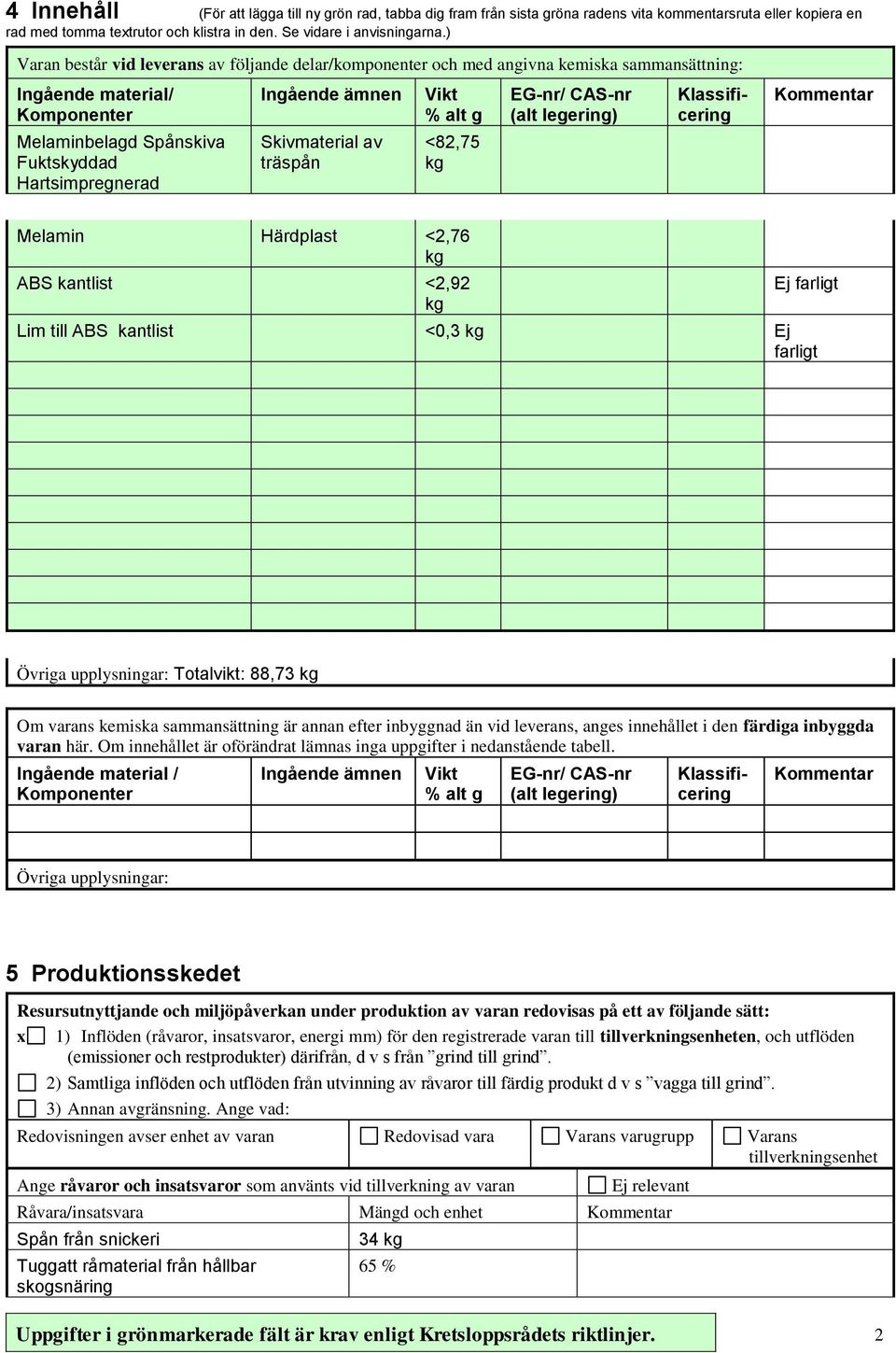 Klassificering Melaminbelagd Spånskiva Fuktskyddad Hartsimpregnerad Skivmaterial av träspån <82,75 Melamin Härdplast <2,76 ABS kantlist <2,92 Ej farligt Lim till ABS kantlist <0,3 Ej farligt