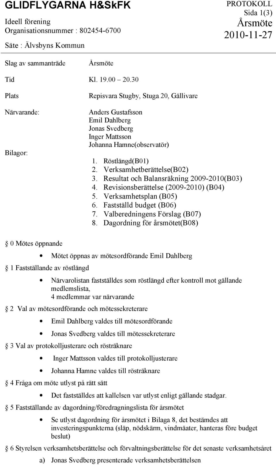 Verksamhetberättelse(B02) 3. Resultat och Balansräkning 2009-2010(B03) 4. Revisionsberättelse (2009-2010) (B04) 5. Verksamhetsplan (B05) 6. Fastställd budget (B06) 7. Valberedningens Förslag (B07) 8.