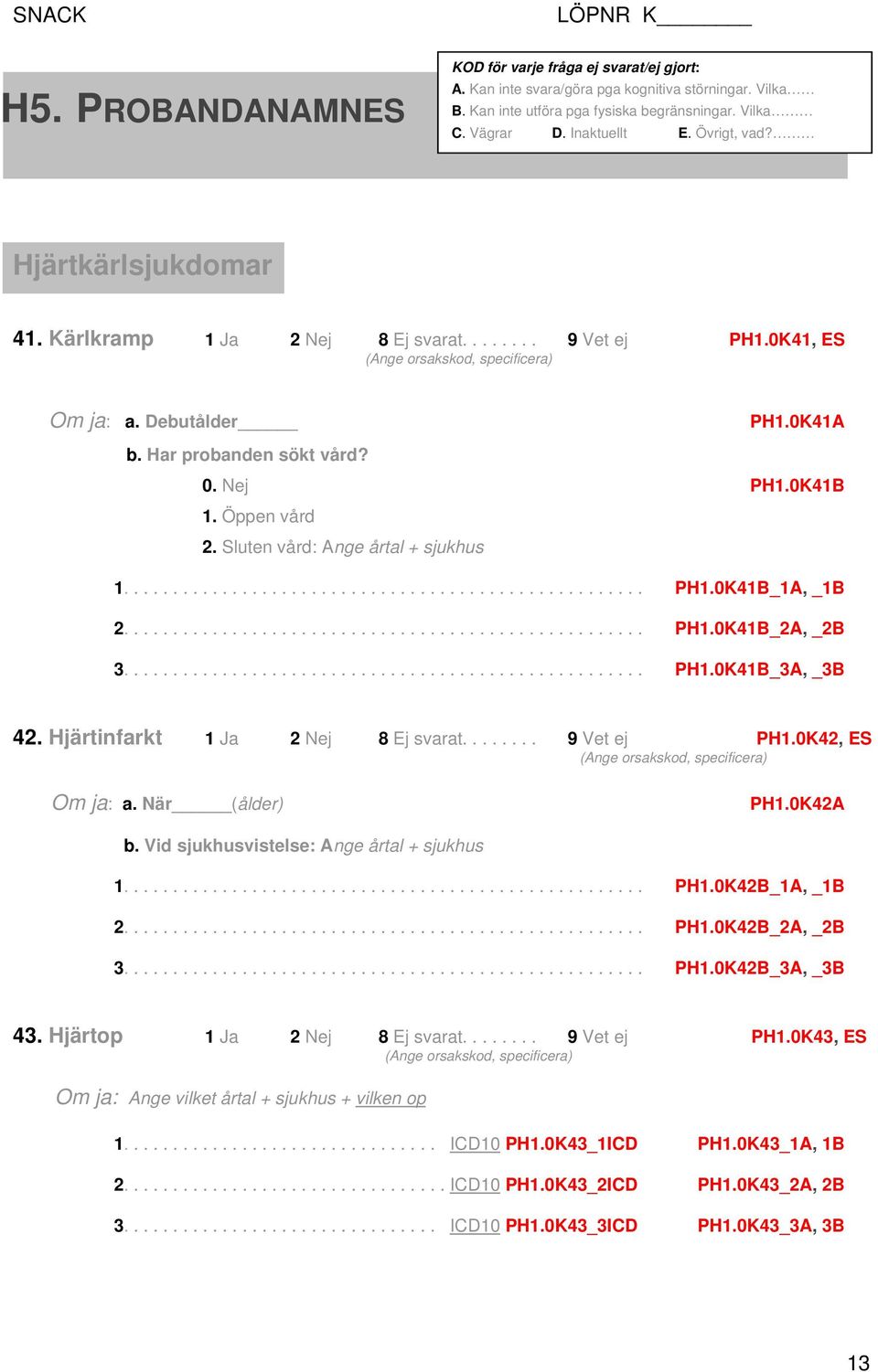 .................................................... PH1.0K41B_2A, _2B 3..................................................... PH1.0K41B_3A, _3B 42. Hjärtinfarkt 1 Ja 2 Nej 8 Ej svarat........ 9 Vet ej PH1.