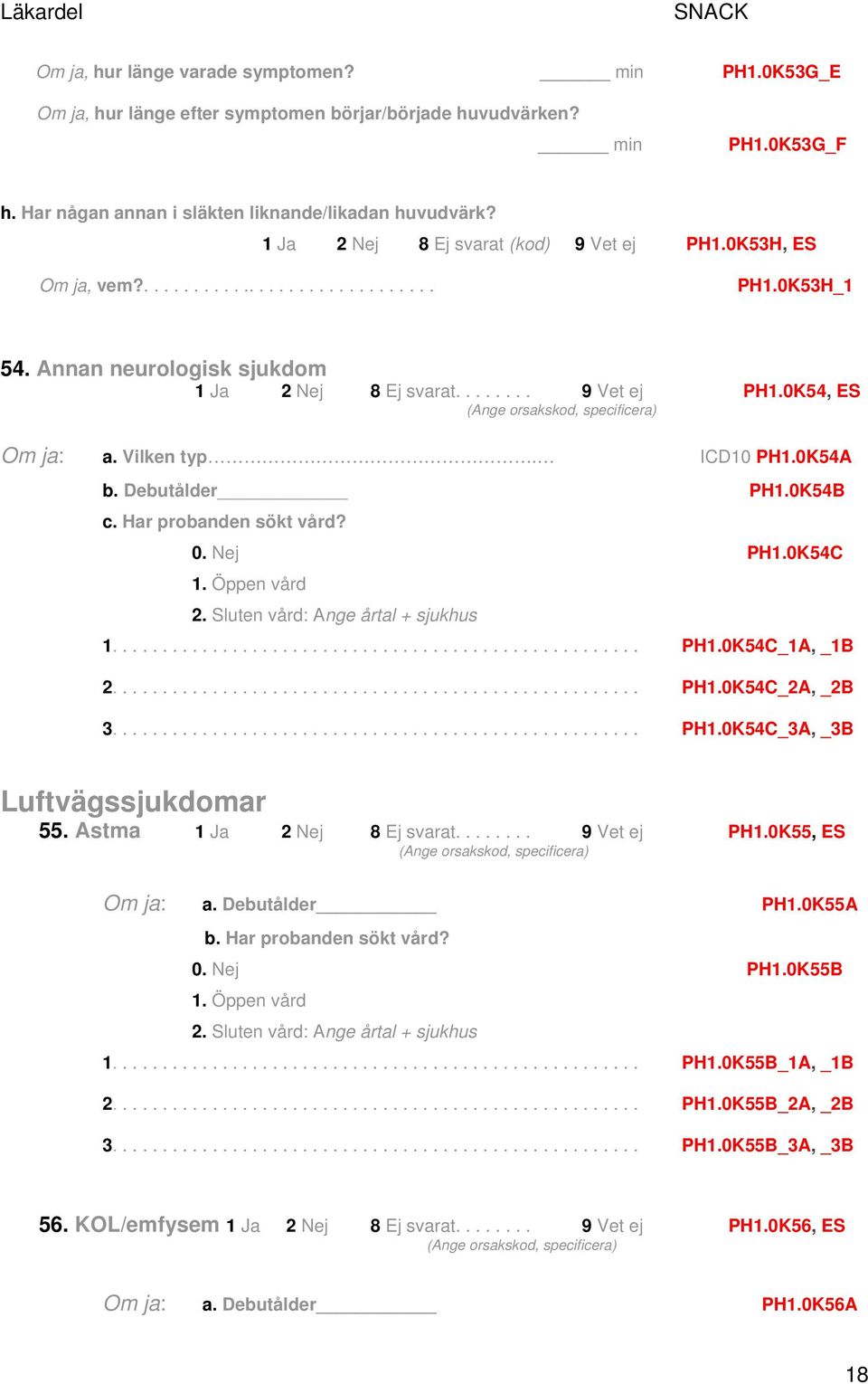 Vilken typ. ICD10 PH1.0K54A b. Debutålder PH1.0K54B c. Har probanden sökt vård? 0. Nej PH1.0K54C 1..................................................... PH1.0K54C_1A, _1B 2..................................................... PH1.0K54C_2A, _2B 3.