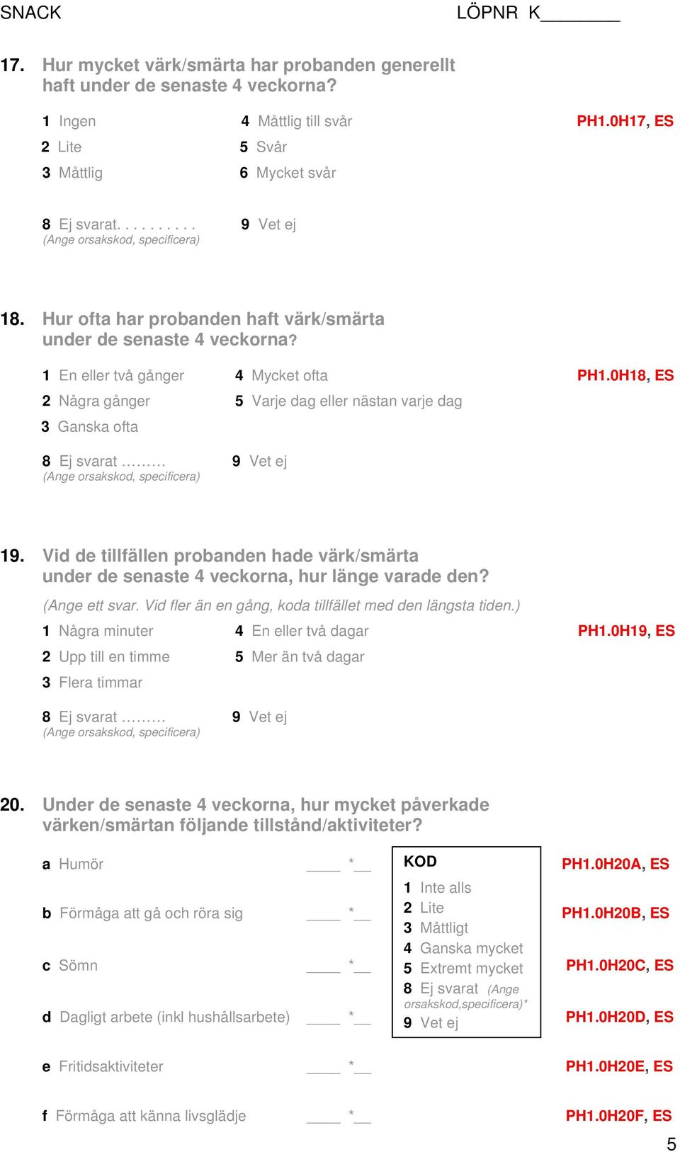 0H18, ES 2 Några gånger 5 Varje dag eller nästan varje dag 3 Ganska ofta 8 Ej svarat 9 Vet ej 19. Vid de tillfällen probanden hade värk/smärta under de senaste 4 veckorna, hur länge varade den?