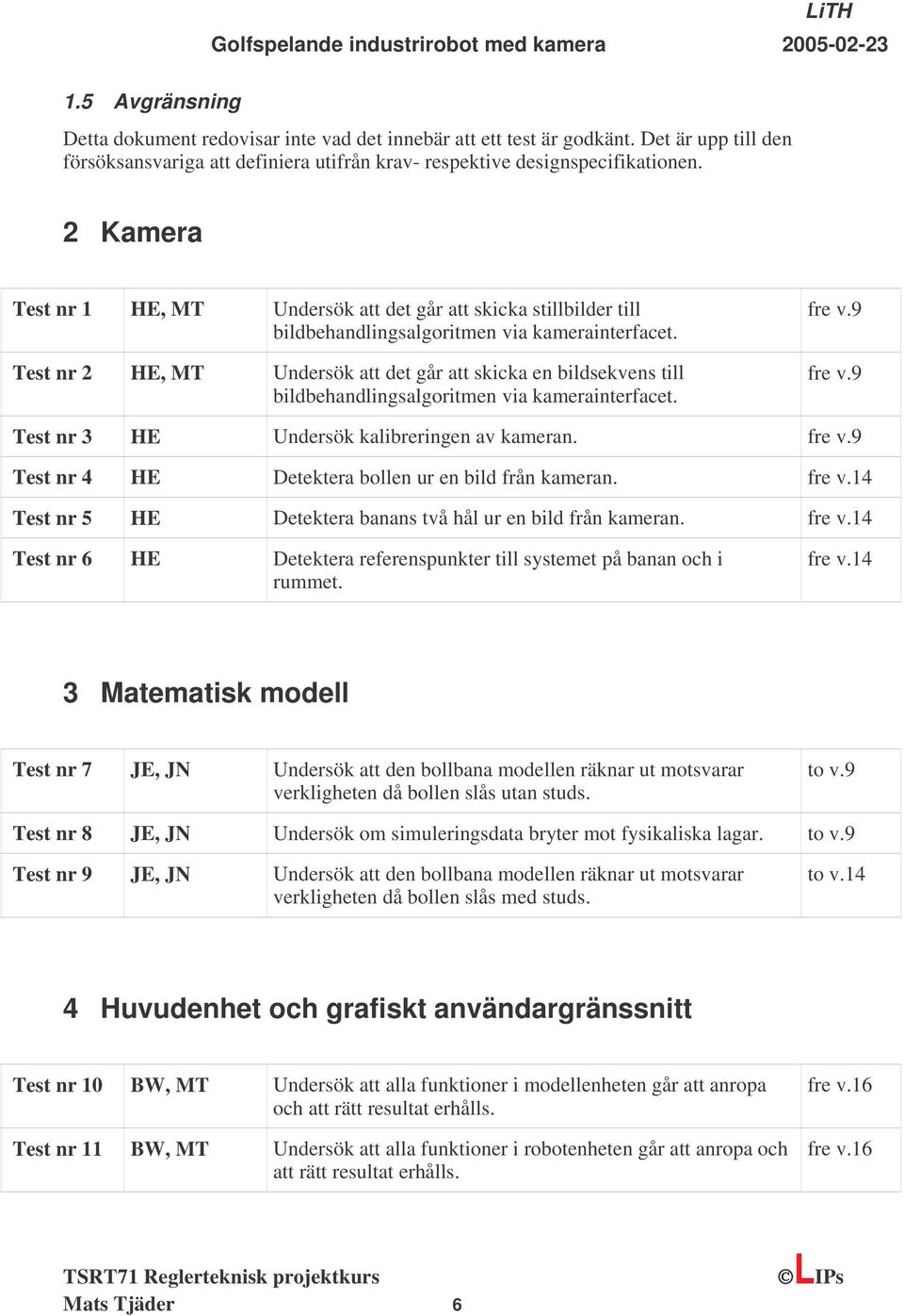 Test nr 2 HE, MT Undersök att det går att skicka en bildsekvens till bildbehandlingsalgoritmen via kamerainterfacet. fre v.9 fre v.9 Test nr 3 HE Undersök kalibreringen av kameran. fre v.9 Test nr 4 HE Detektera bollen ur en bild från kameran.