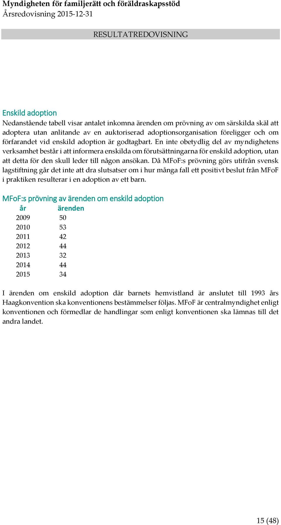 En inte obetydlig del av myndighetens verksamhet består i att informera enskilda om förutsättningarna för enskild adoption, utan att detta för den skull leder till någon ansökan.