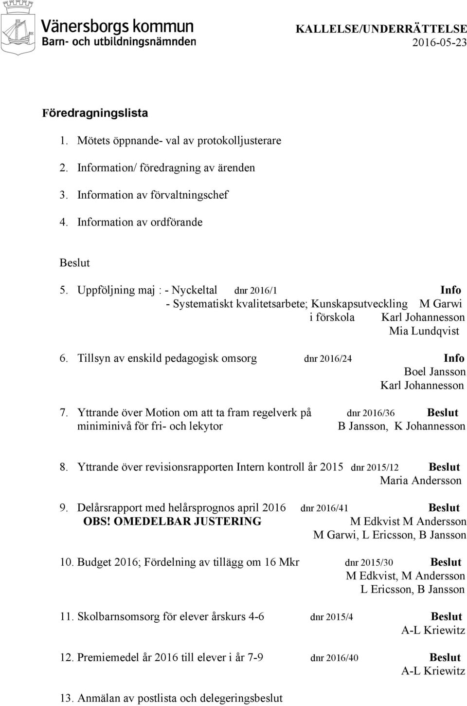 Tillsyn av enskild pedagogisk omsorg dnr 2016/24 Info Boel Jansson Karl Johannesson 7.