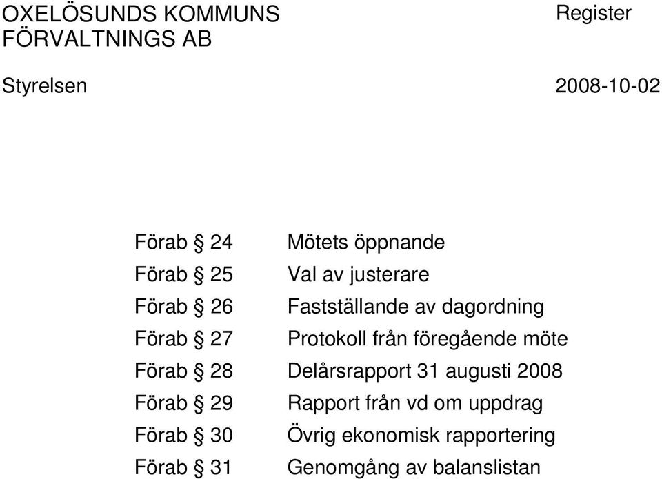 föregående möte Förab 28 Delårsrapport 31 augusti 2008 Förab 29 Rapport från