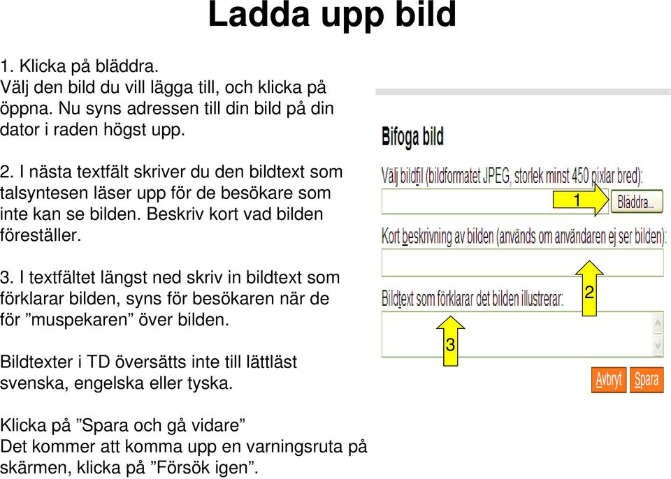 I nästa textfält skriver du den bildtext som talsyntesen läser upp för de besökare som inte kan se bilden. Beskriv kort vad bilden föreställer. 1 3.