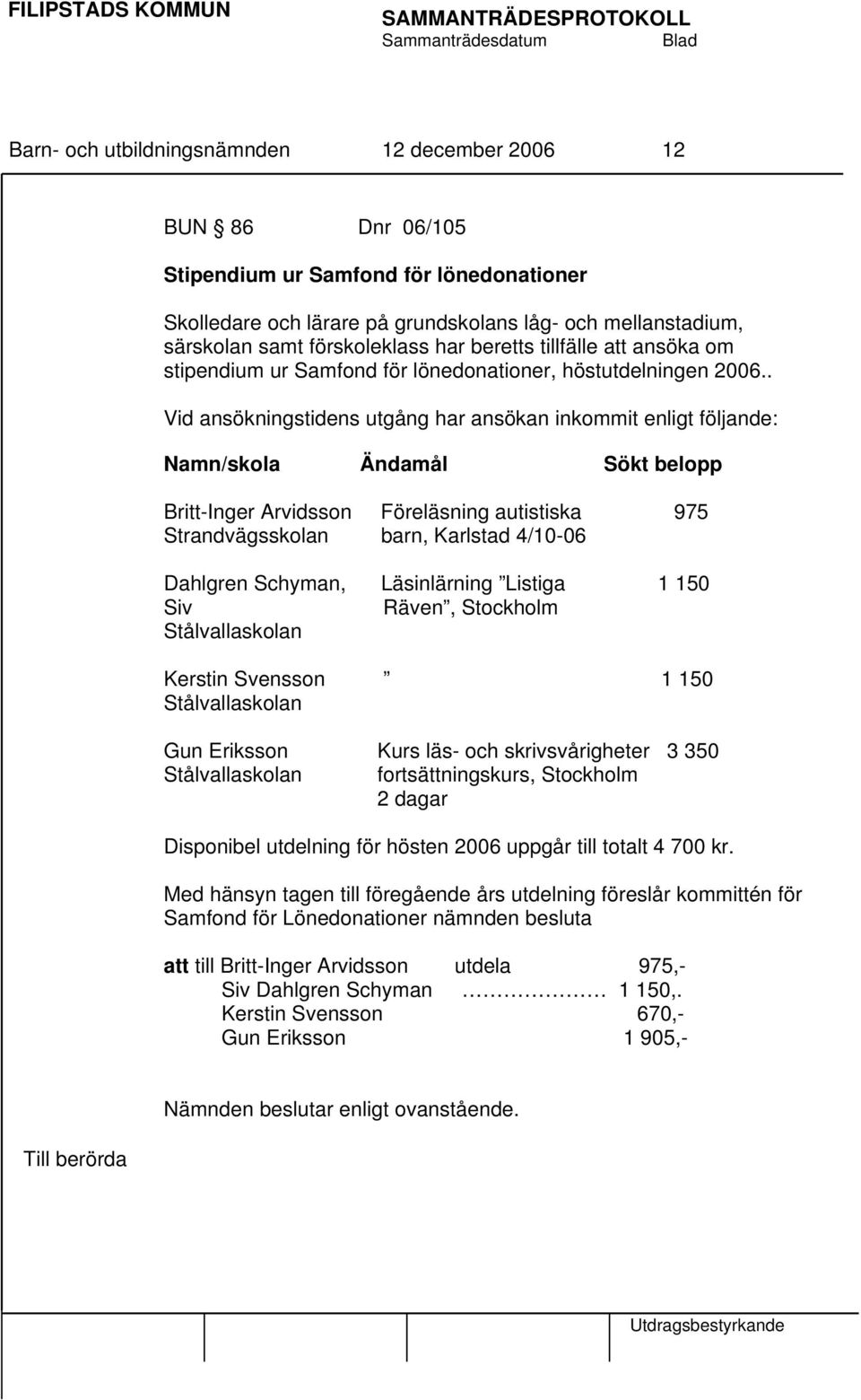 . Vid ansökningstidens utgång har ansökan inkommit enligt följande: Namn/skola Ändamål Sökt belopp Britt-Inger Arvidsson Föreläsning autistiska 975 Strandvägsskolan barn, Karlstad 4/10-06 Dahlgren