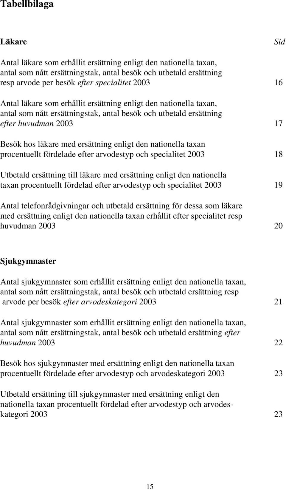 enligt den nationella taxan procentuellt fördelade efter arvodestyp och specialitet 2003 18 Utbetald ersättning till läkare med ersättning enligt den nationella taxan procentuellt fördelad efter