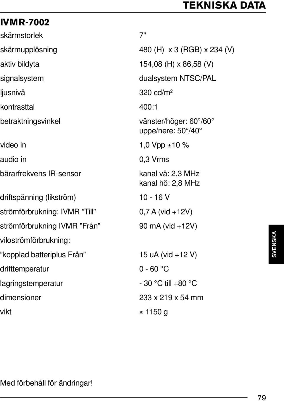 (likström) 10-16 V strömförbrukning: IVMR Till 0,7 A (vid +12V) strömförbrukning IVMR Från 90 ma (vid +12V) viloströmförbrukning: kopplad batteriplus Från 15 ua (vid +12 V)