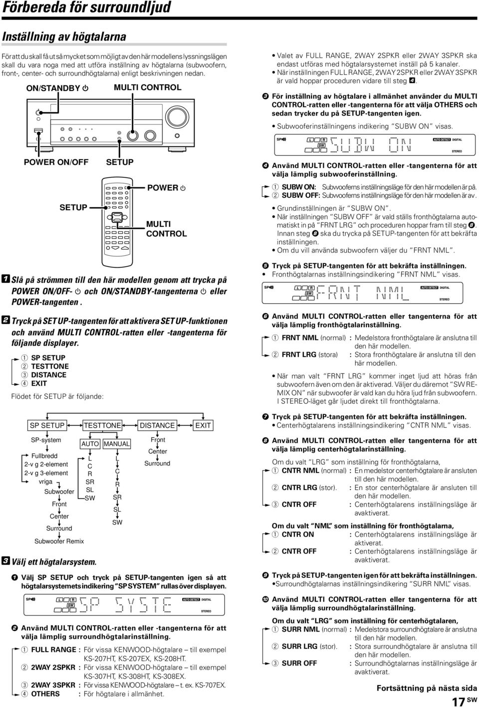 ON/STANDBY MULTI CONTROL Valet av FULL RANGE, 2WAY 2SPKR eller 2WAY 3SPKR ska endast utföras med högtalarsystemet inställ på 5 kanaler.