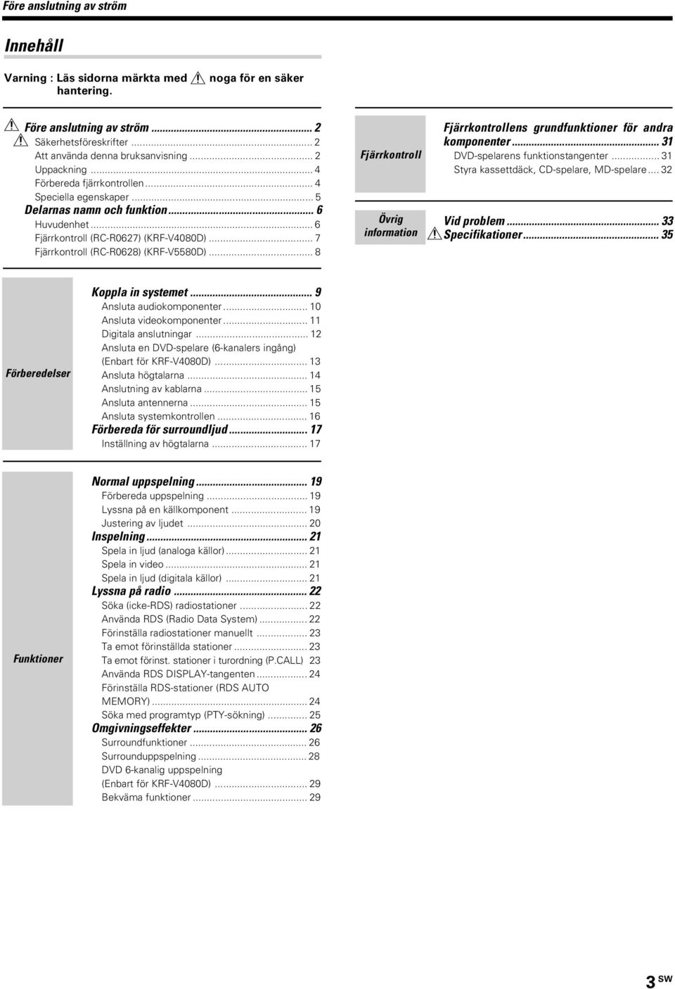 .. 8 Fjärrkontroll Övrig information Fjärrkontrollens grundfunktioner för andra komponenter... 31 -spelarens funktionstangenter... 31 Styra kassettdäck, CD-spelare, MD-spelare... 32 Vid problem.