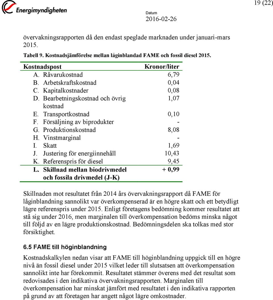 Produktionskostnad 8,08 H. Vinstmarginal - I. Skatt 1,69 J. Justering för energiinnehåll 10,43 K. Referenspris för diesel 9,45 L.