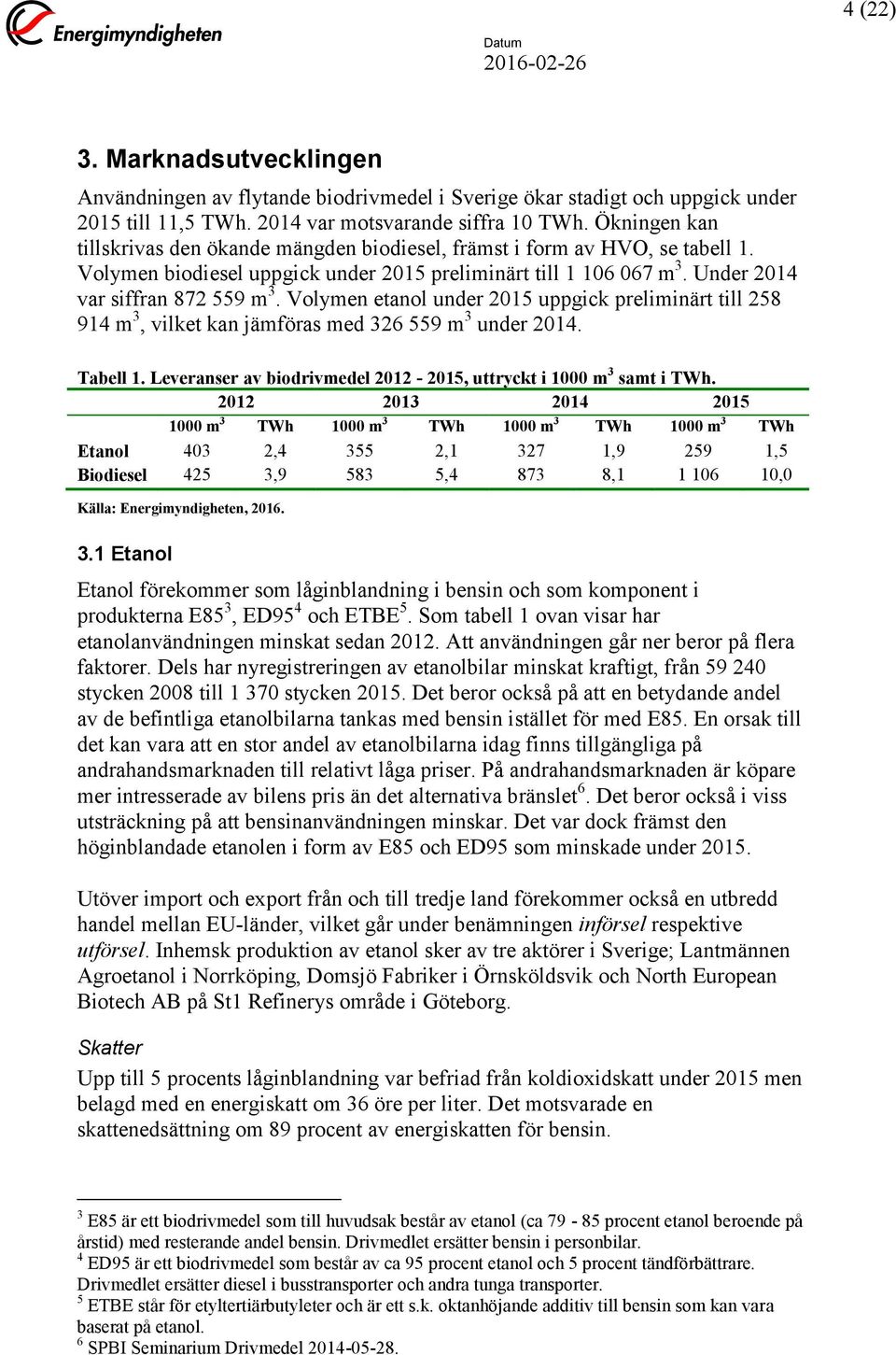 Volymen etanol under 2015 uppgick preliminärt till 258 914 m 3, vilket kan jämföras med 326 559 m 3 under 2014. Tabell 1. Leveranser av biodrivmedel 2012-2015, uttryckt i 1000 m 3 samt i TWh.