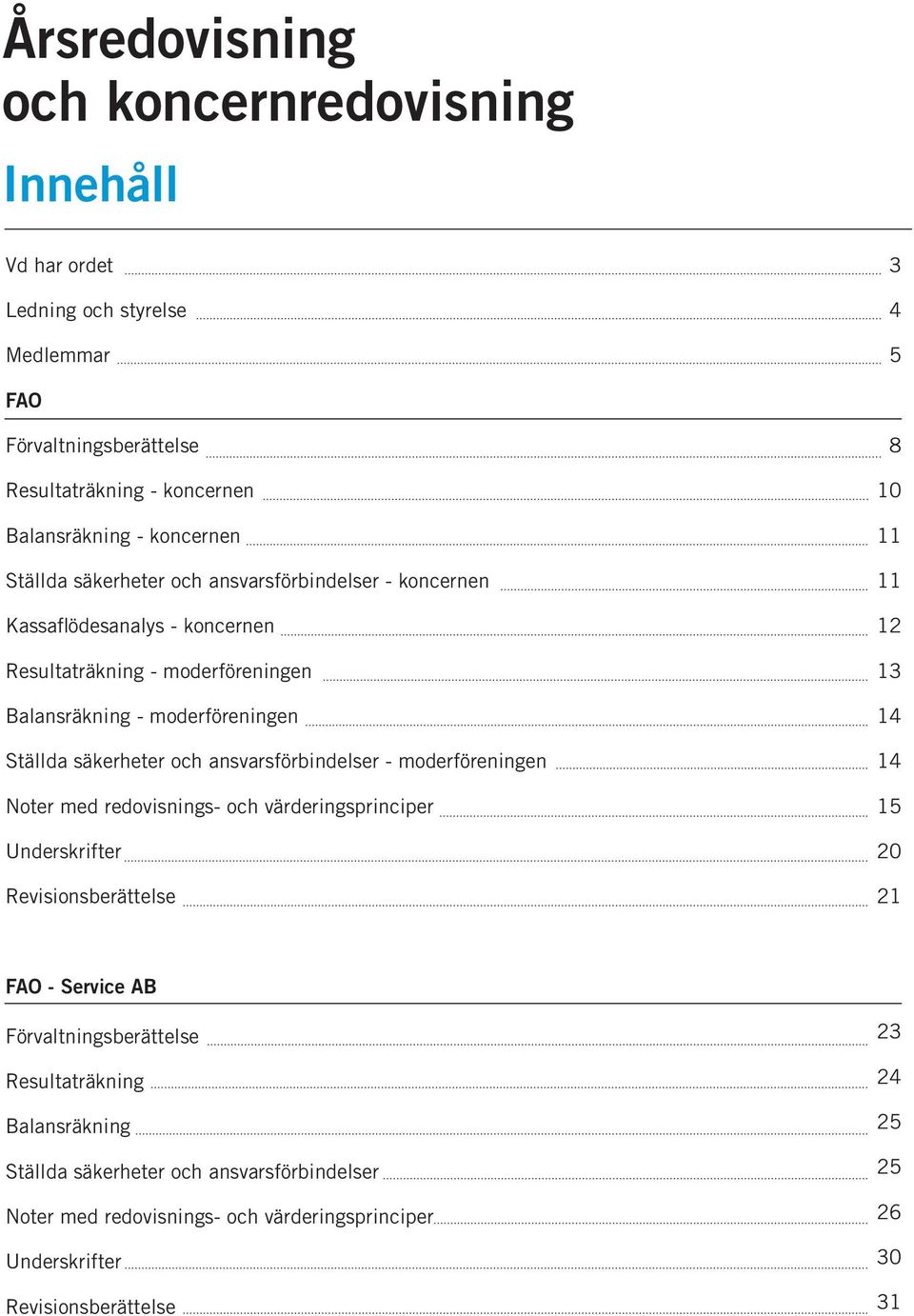 ansvarsförbindelser - moderföreningen Noter med redovisnings- och värderingsprinciper Underskrifter Revisionsberättelse 8 10 11 11 12 13 14 14 15 20 21 FAO - Service AB